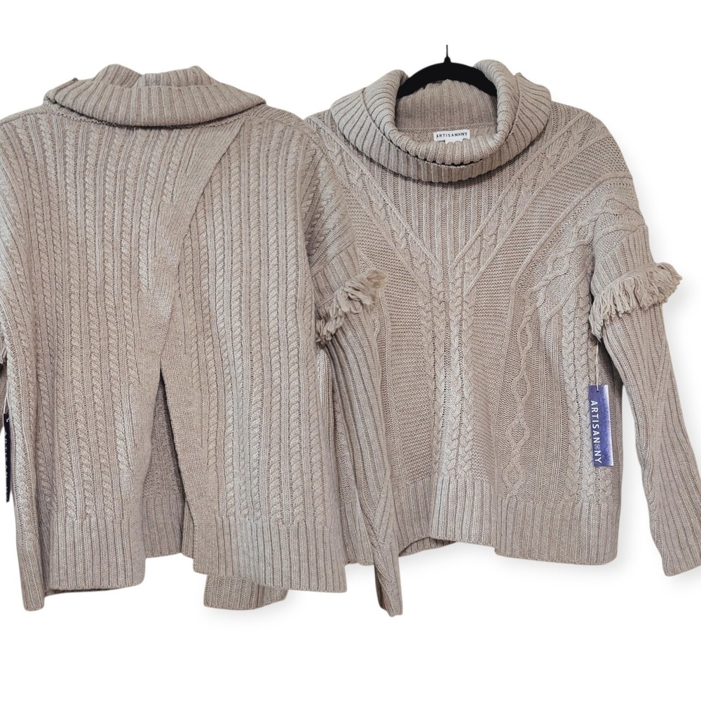 Artisan NY L Artsy Boho Festival Cable Knit‎ Turtleneck Back Slit Sweater NWT